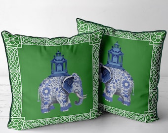 Chinoiserie Elefant Kissenbezug, Grünes Pagoden Kissen, Handgemacht