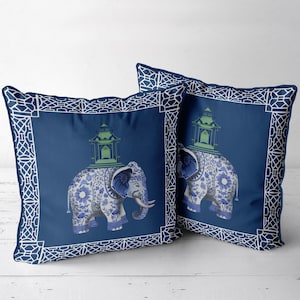 Pair of Chinoiserie pillow covers Elephant & Pagoda Cushion covers on blue elephant cushion covers high end double sided pillows 18x18 24x24