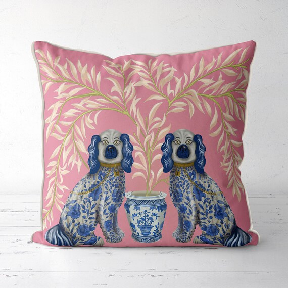 Chinoiserie Pillow Cover Staffordshire Dog Twins on Pink Modern