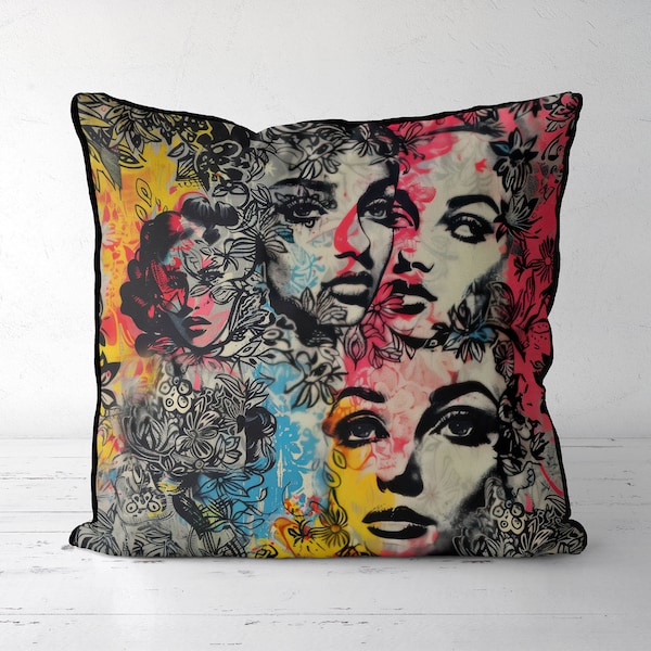 Vintage style Pillow Cover Floral Pattern and iconic style womens portraits, Double-Sided Print, Bohemian Decor, High-End Designer Cushion