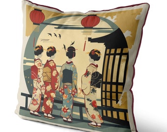 Housse de coussin imprimée geisha japonaise, housse de coussin chinoiserie, décor asiatique de style oriental imprimé des deux côtés, coussin passepoilé