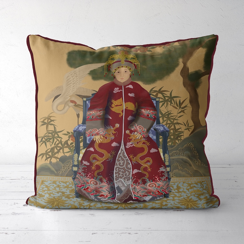 Chinoiserie pillow covers Chinese Ancestor Portrait cushion cover Empress 2 in Red Chinoiserie decor image 2