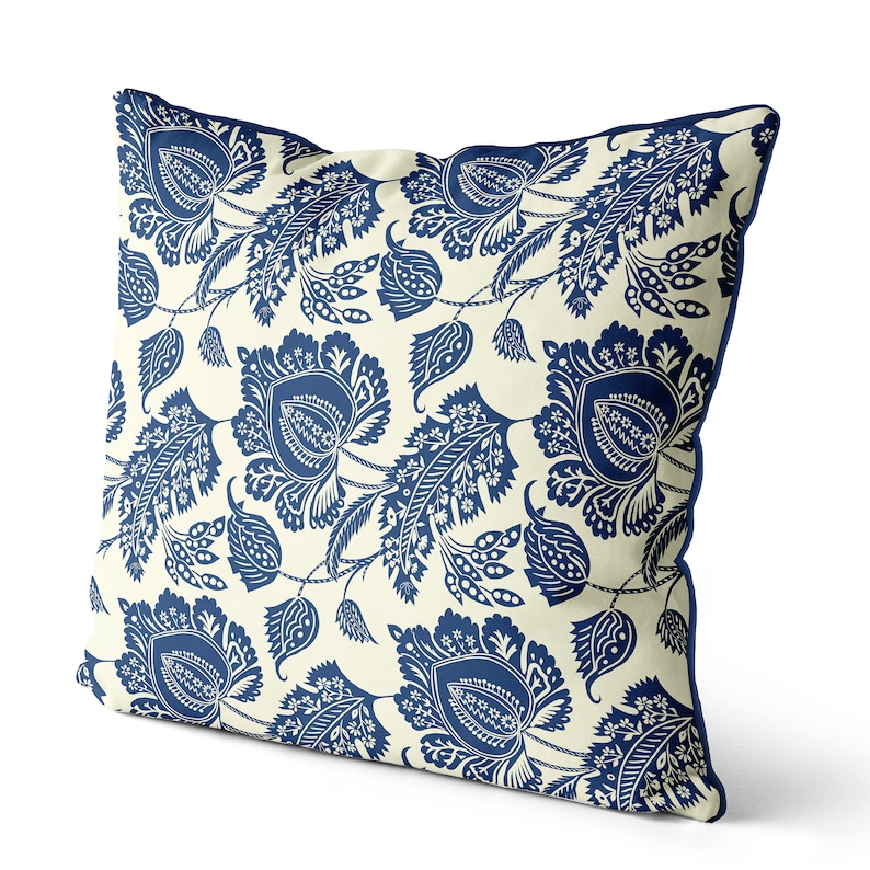 Hamptons style throw pillow Blue and cream Chinoiserie cushion Etsy