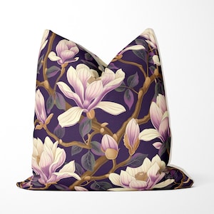Lilac Magnolia Country cottage style floral print throw pillow cover, handmade print on both sides, high end designer lavender throw pillow