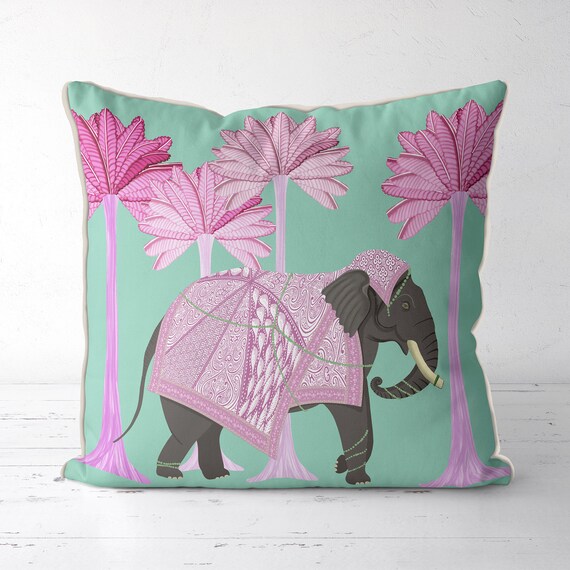Elephant Pillow Cover pink and mint tropical pillow designer | Etsy