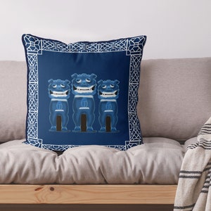 Modern Chinoiserie pillow covers - Chinese Lion Dogs on Blue Cushion cover Modern Asian maximalist decor Designer 18x18 24x24 cushion covers