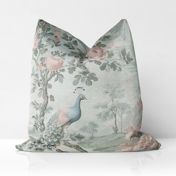 French Country Style Peacock Print on Luxury Velvet Pillow Cover, Handmade Throw Pillow, Print both sides, pale light mint and baby pink
