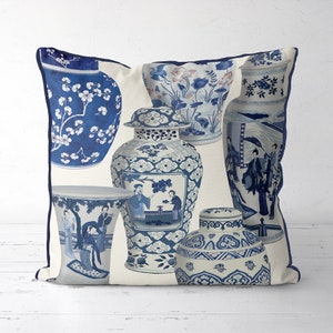 Chinoiserie pillow cover - Vase Collage 3 on Creamy White - Blue and white Hamptons style sofa pillow Oriental cushion cover couch pillow