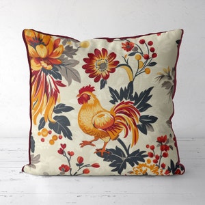 Folk Art Huhn Kissenbezug für ein Dekor im Landhausstil, goldener und roter Hahnendruck auf beiden Seiten, handgefertigter, rustikaler Bauernhausdekor