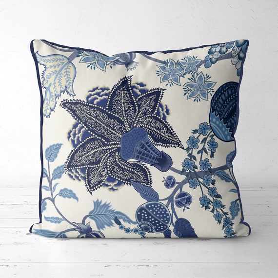 Blue and White Designer Pillow Cover, Jacobean Floral Style, Toss Pillow, Throw  Pillow Eurosham Accent Cushion Sofa Pillows 18x18 TESENEY 