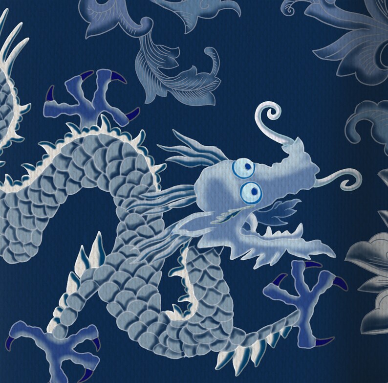 May include: A blue and white dragon design on a dark blue background. The dragon is curled up with its head facing the right side of the image. The dragon has large eyes and a long snout.