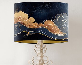 Dark Blue and Gold Lampshade, Cloud design for bedroom decor,  printed drum lamp shade, large fabric oriental style asian decor CELESTIAL D