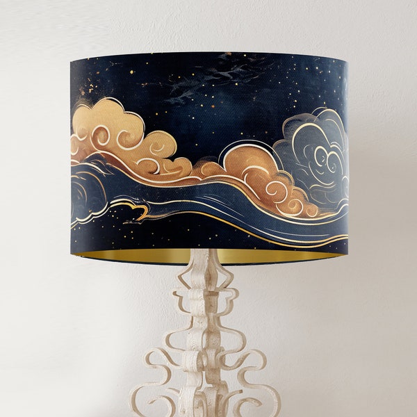 Pantalla de lámpara azul oscuro estilo celestial, pantalla cilíndrica dorada estilo nube, estilo oriental.