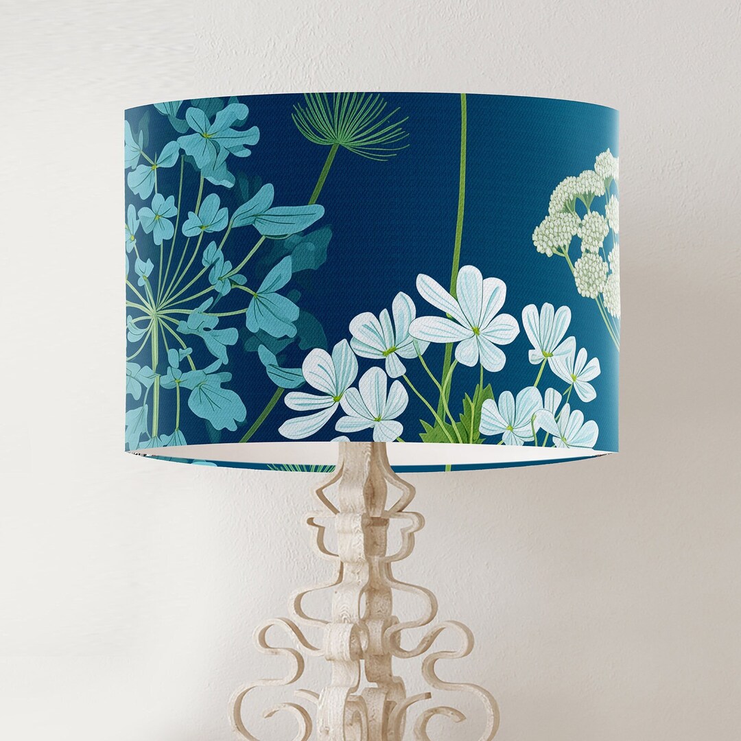 Navy Blue Floral Drum Lampshade, Printed Fabric Table Lampshade, Large ...