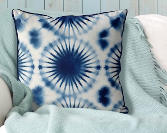 Coastal Style Blue and White Pillow Covers, Shibori Style Cushion Cover, Boho Home, Hamptons toss cushion cover, Tie Dyed style - REDONDO