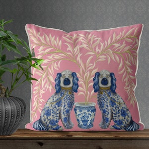 Chinoiserie pillow cover Staffordshire Dog Twins on Pink, Modern Chinese cushion cover high end Pillow cover Designer throw cushion made UK