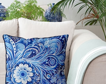 Blue Floral Linen Pillow Cover, Coastal Decor