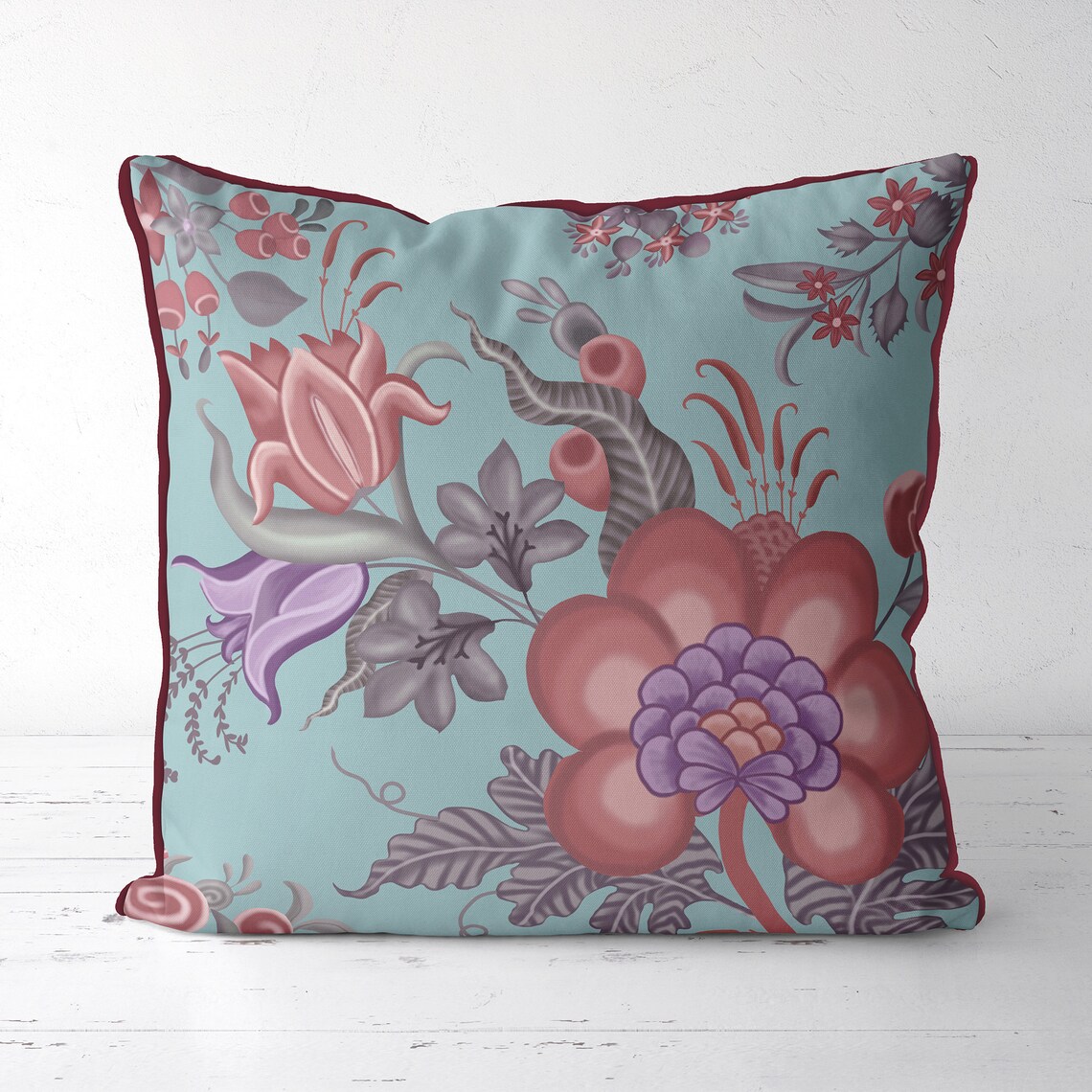 Blue and pink floral cushion cover pink accent pink flower Etsy