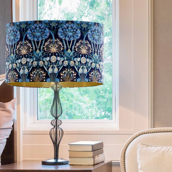 William Morris Style Lampshade, Blue Allium Floral, Gold Lining - Etsy