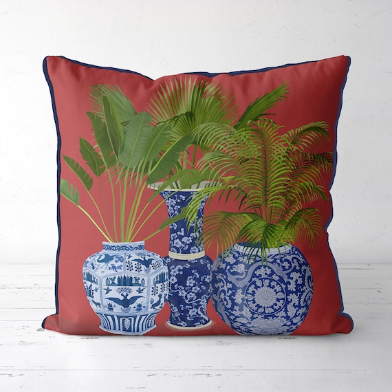Chinoiserie Pillow Cover Red Couch Pillow Oriental Cushion Cover Green Plant Fern Chinese Decor Designer Pillows Asian Decor Vase Trio 4 Etsy UK