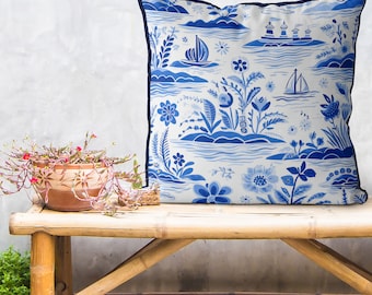 Blue and White Coastal Pillow Cover, Beach House Cushion, Delft Style