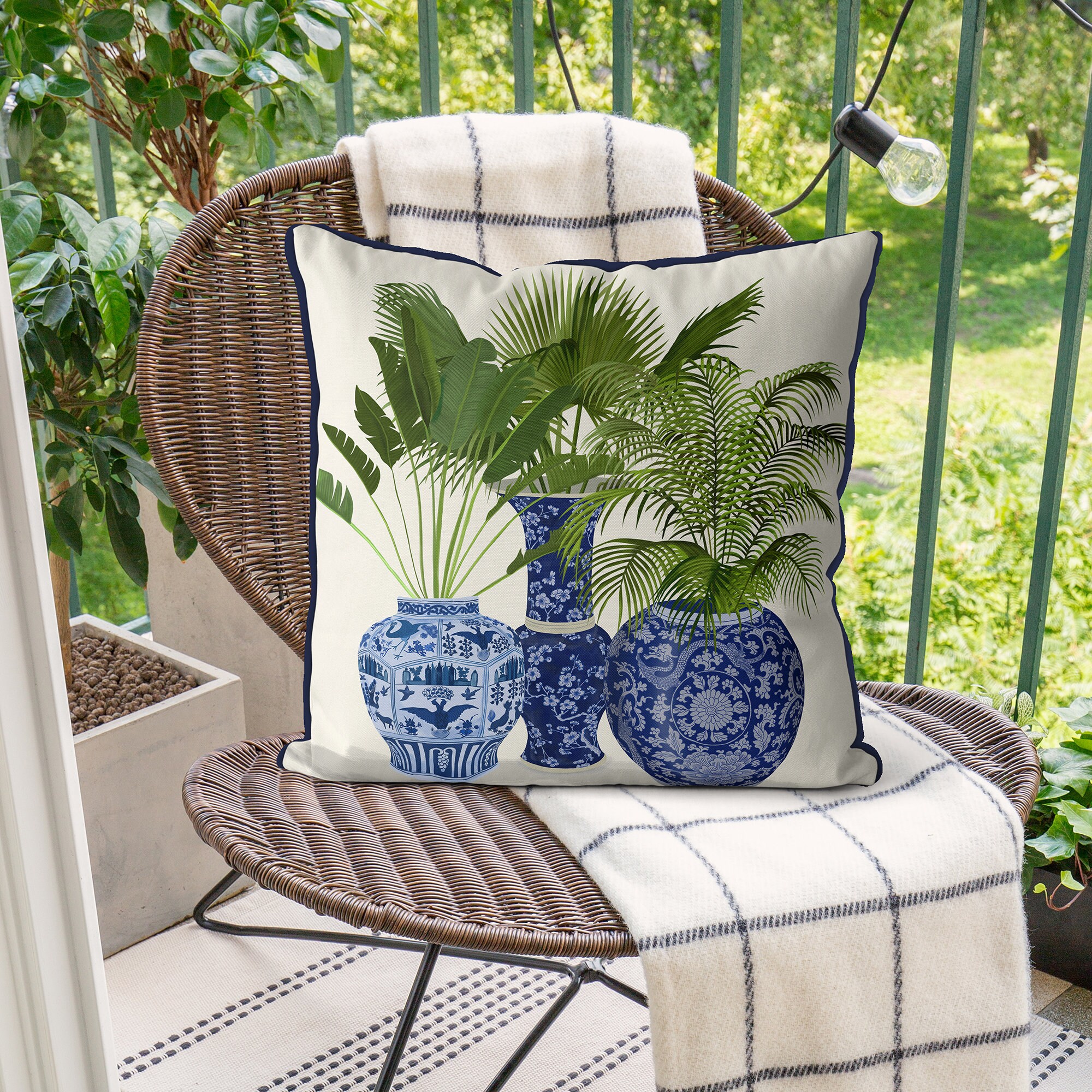 シノワズリ枕カバー ブルーホワイト ハンプトンズスタイル グリーン