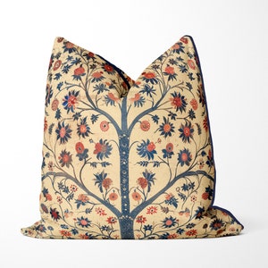 Vintage Indian Style Flower Tree Pillow Cover, Handmade Decorative Throw Pillow, Print both sides, Blue and red on Beige, Light Caramel
