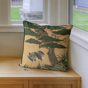 Chinoiserie pillow covers - Crane Garden 1 on Calico Gold - chinoiserie cushion, oriental decor, asian decor, designer throw pillows
