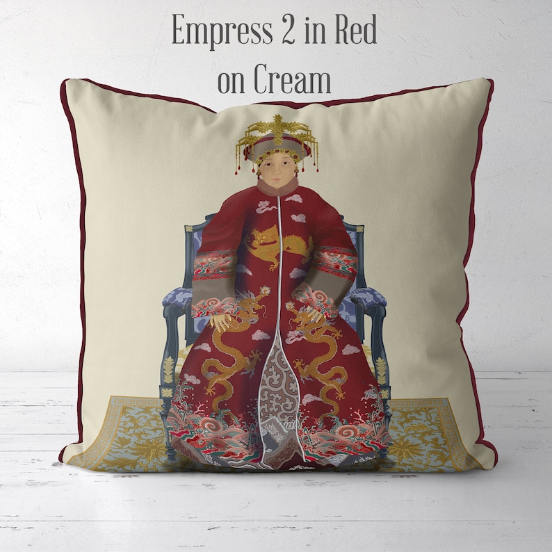 Chinoiserie pillow covers Chinese Ancestor Portrait cushion cover Empress 2 in Red Chinoiserie decor image 6
