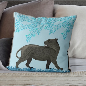 Panther Pillow Cover, light blue tropical Designer pillow cover, sofa accent pillows, throw pillows, Animal print luxury Decorative pillow