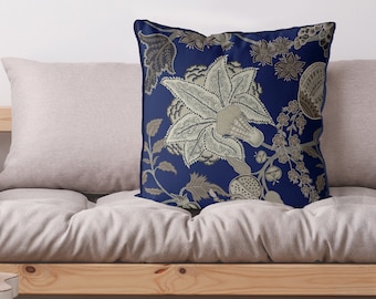 Blue and Beige Designer Pillow cover, jacobean floral style, hampton style floral eurosham accent cushion throw pillow uk shop TESENEY
