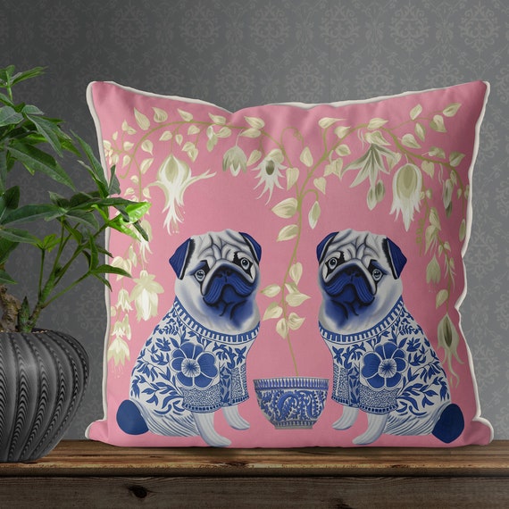 Chinoiserie Pillow Cover Pug Twins on Pink Modern Chinoiserie Cushion Cover High End Pillow Cover Designer Throw Cushion Pug Owner Gift Etsy Canada