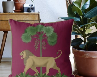 ライオンランバーピローカバー：ブラッシュピンクトロピカルジャングル