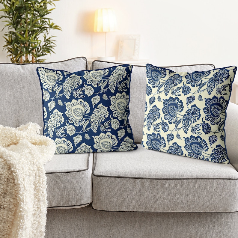 Hamptons style throw pillow Blue and cream Chinoiserie cushion Etsy