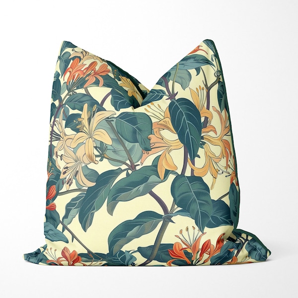 Honeysuckle floral print throw pillow cover, handmade cushion, print on both sides, high end designer throw pillow, cream lemon orange,