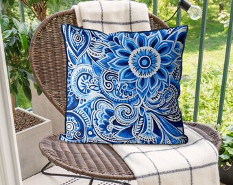 Blue Floral Linen Pillow Cover, Coastal Boho Decor