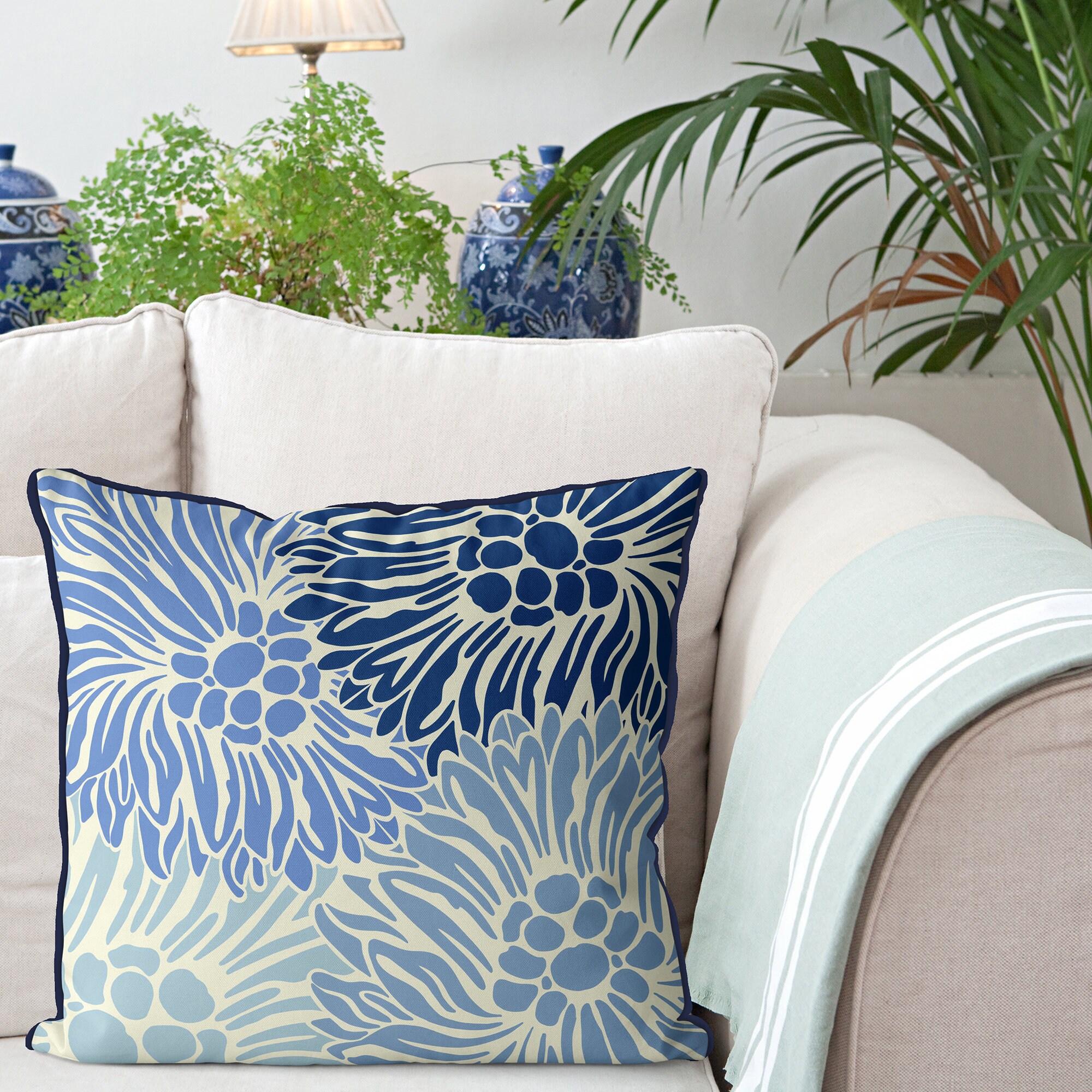 Chrysanthemum Quartet Blue and Cream Pillow Covers Floral Etsy UK