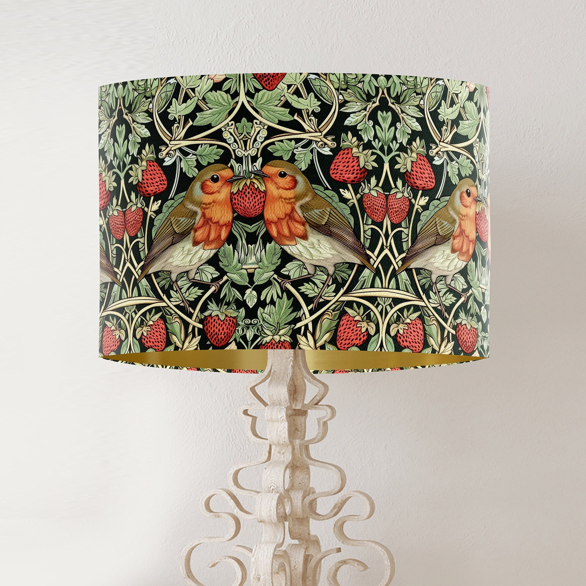 William Morris Style Lampshade, Robin and Strawberry Bird Design