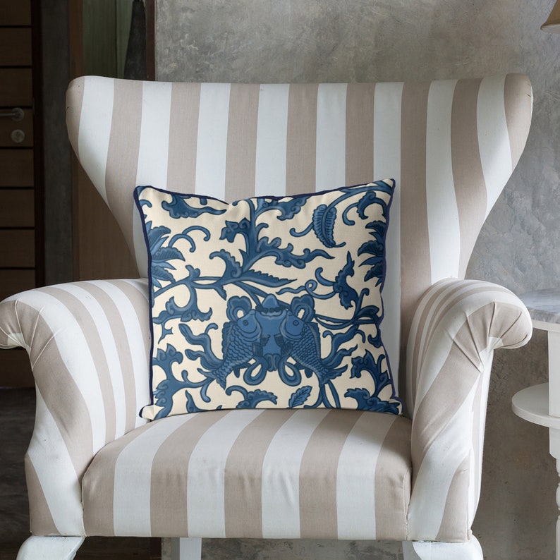 Asian Decor Chinoiserie Pillows Blue and White Cushion Etsy