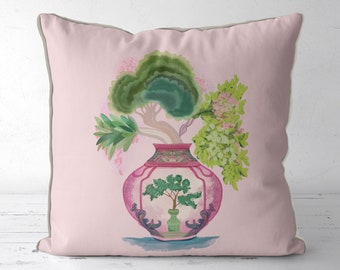 Pink Chinoiserie Vase Pillow Cover, Modern Asian Decor