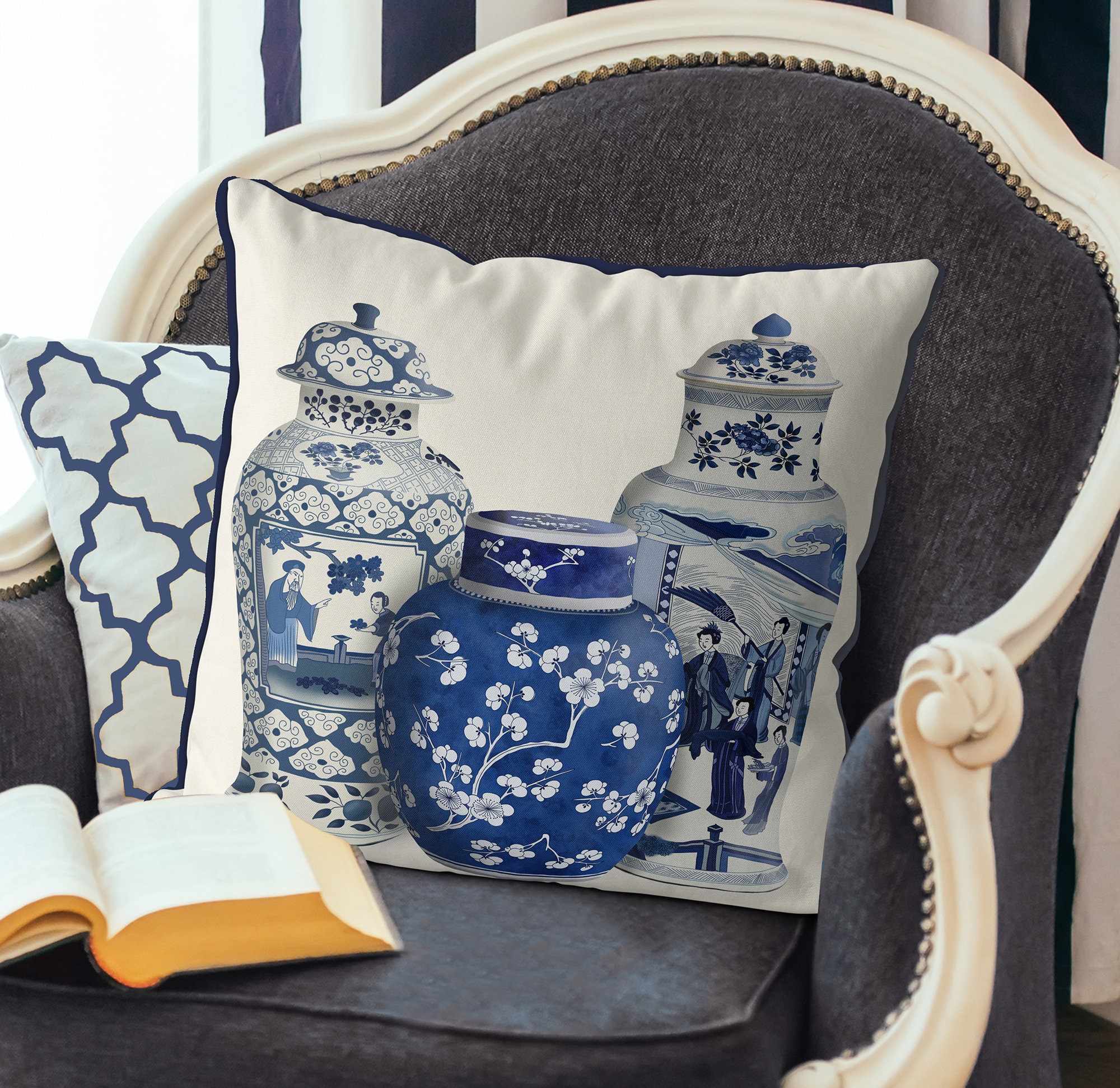 Funlucy Blauwe Chinoiserie Tempel Kussensloop Geometrische Sierkussens