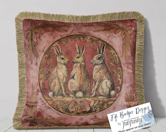 Vintage Medieval folk style Hare Luxury Velvet Fringed Pillow Cover, handmade, print both sides woodland wildlife, Pink Red designer cushion