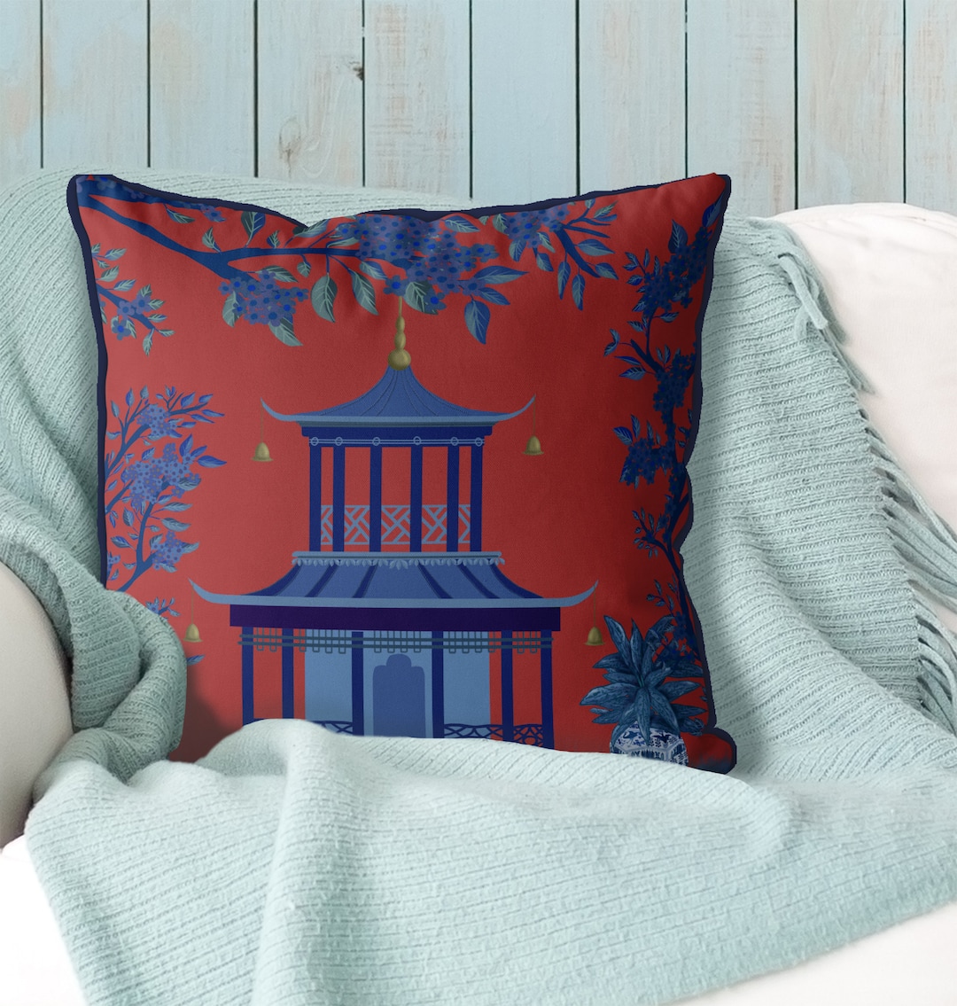 Red and Blue Chinoiserie Cushion, Hamptons Style Throw Pillow Chinese  Pagoda, Pillow Cover Modern Oriental Decor Asian Scatter Toss Pillow