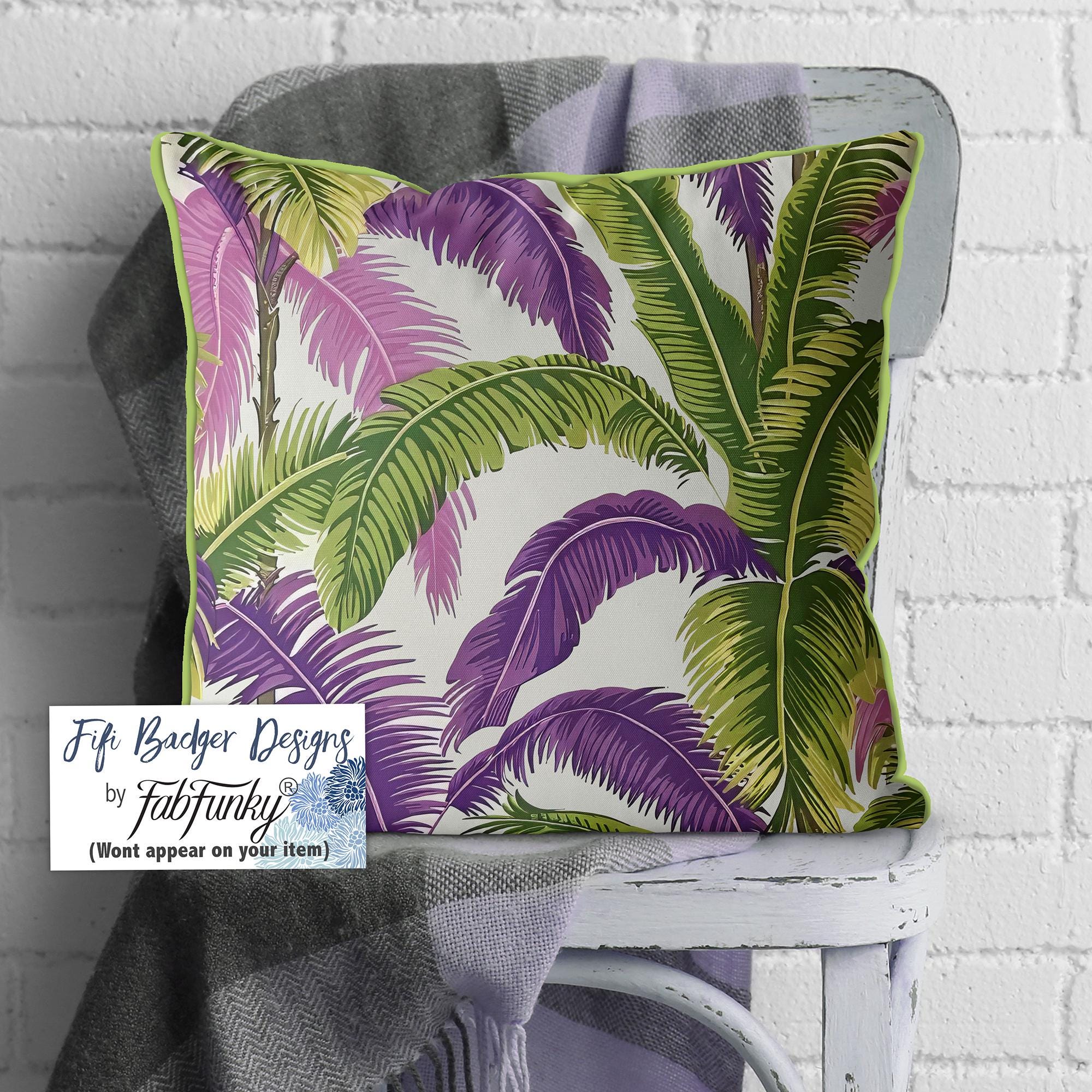 Colourful Tropical Coastal Palm Tree Pillow Cover, Lime Green Purple Lilac Modern Beach House, Handmade Designer Cushion Cover Maximalist