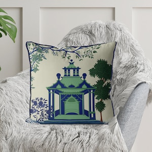 Chinoiserie Kissenbezüge Blau, Grün und Weiß Pagode no.2 orientalische Dekokissen Asiatische Dekokissenbezüge Hamptons style Dekokissen