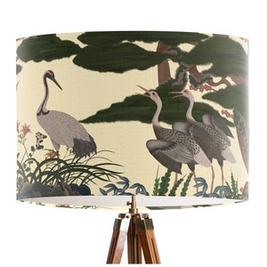 Oriental lampshade, Chinese cranes Printed lampshade, handmade chinoiserie decor, fabric drum lampshade, CRANEGARDEN