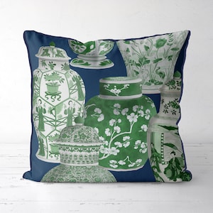 Chinoiserie pillow cover - Vase Collage 4 Green on Blue - Blue and white Hamptons style sofa pillow Oriental cushion cover couch pillow