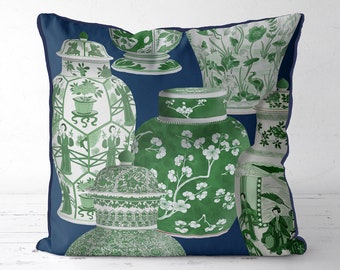 Chinoiserie Vase Collage Pillow Cover – Green on Blue, Hamptons Style