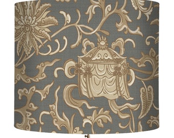 Chinoiserie lampshade, Slate Grey, asian decor, chinese decor, taupe, charcoal gray, Lotus Garden, hampton style decor table lamp shade