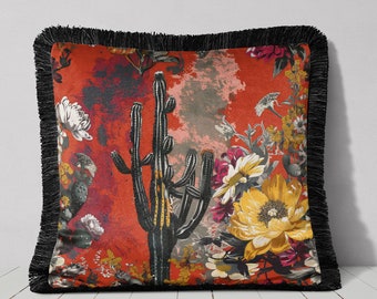 Housse de coussin en velours à franges de luxe à imprimé cactus, décoration abstraite moderne du sud-ouest des États-Unis, rouge noir, designer fait main, housse de coussin pour la maison du désert